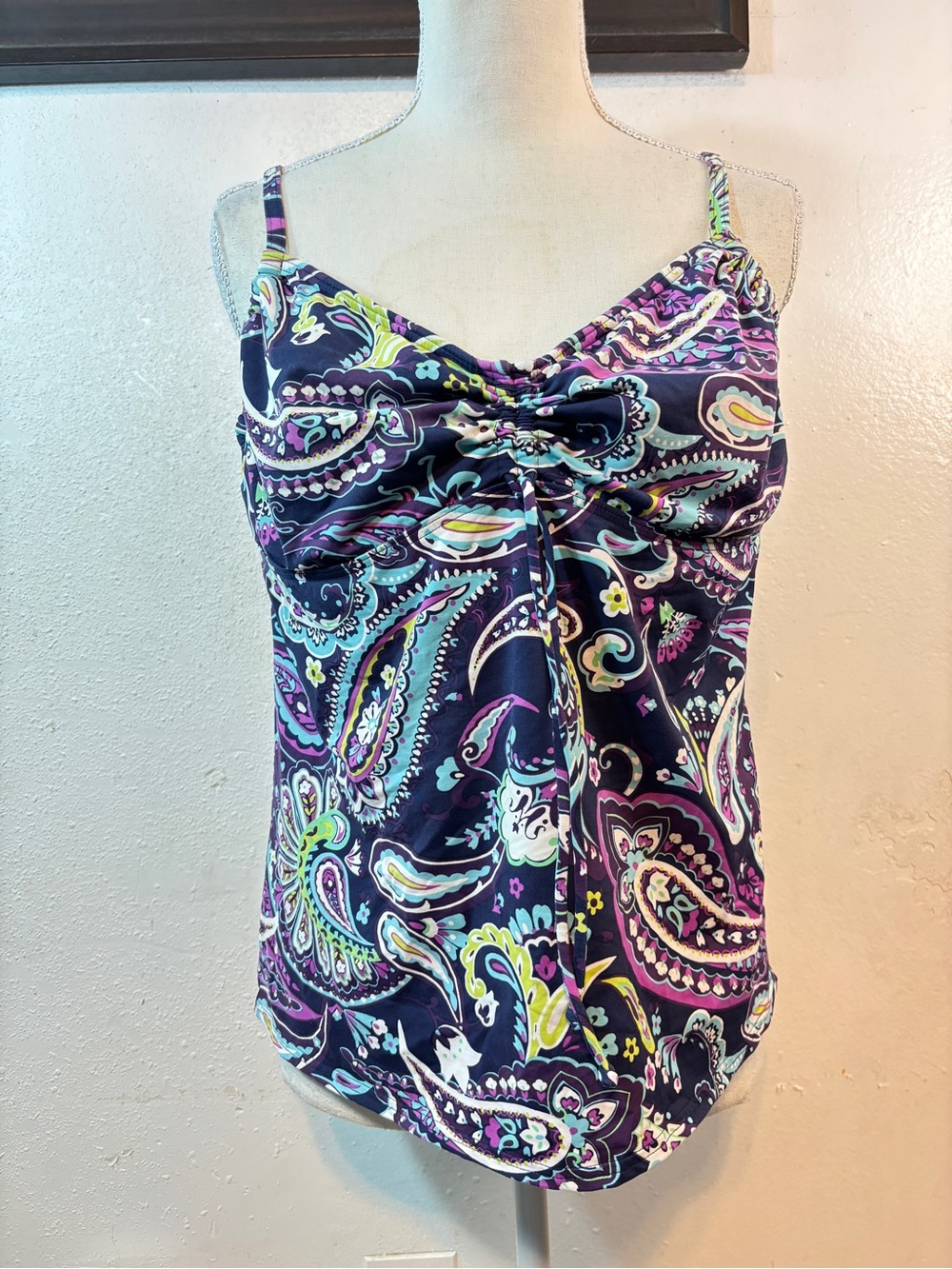 Lands' End Navy Paisley Tankini Top with Purple, Teal and Lime Accents